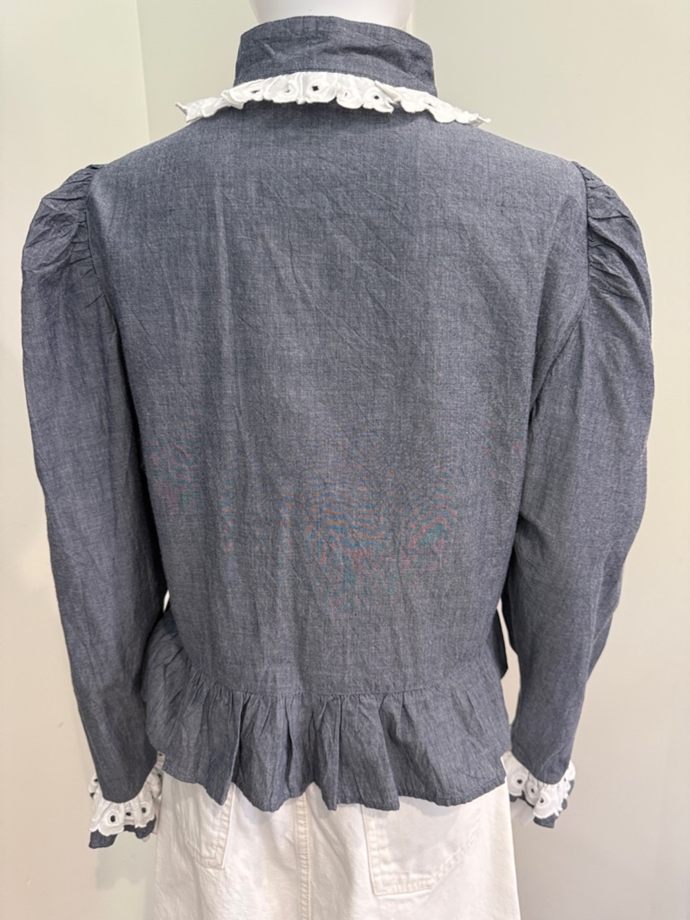 Batsheva Chambray Blue Peplum Blouse with White Lace Trim - Picture 3 of 4